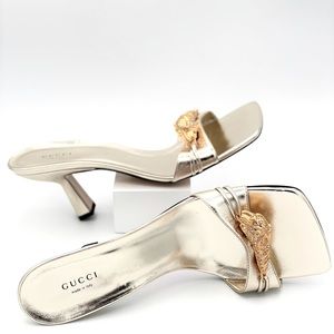 NEW Gucci Dora Crystal Tiger Low Heel Gold Sandal Mule Slides